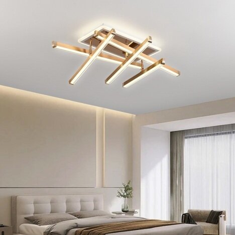 Lustra LED 142 W Zig Zag Dreptunghiular Gold, LED inclus, 6 surse de iluminare, Telecomanda, Dimabil