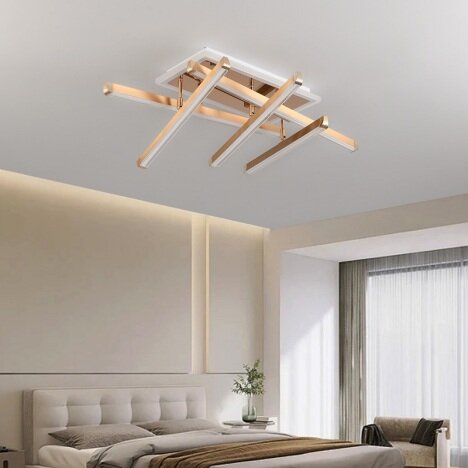 Lustra LED 142 W Zig Zag Dreptunghiular Gold, LED inclus, 6 surse de iluminare, Telecomanda, Dimabil